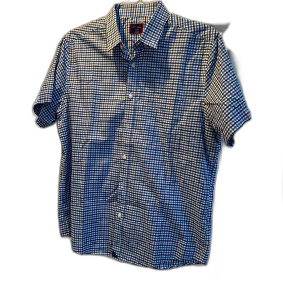 Untuckit Shirt Mens Large Navy Blue Teal Check Short Sleeve Slim Fit Manzanilla - Picture 1 of 9